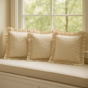 Pottery Barn 100% Linen Ruffle Edge Pillow Shams – Set of 3 – 26x26 Euro Size –